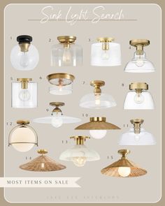 an assortment of light fixtures in various sizes and colors, with the words most items on sale