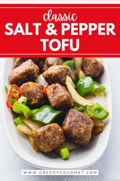 Crispy Salt and Pepper Tofu bites served with stir-fried green bell peppers, onions, and red chili slices on a white plate. Pepper Tofu Recipe, Salt And Pepper Tofu, Tofu Snacks, Pepper Tofu, Deep Fried Tofu, Chinese Takeaway, Tofu Stir Fry, Protein Packed Meals, Dairy Free Dinner