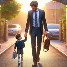 a man holding the hand of a small boy in a suit and tie walking down a street