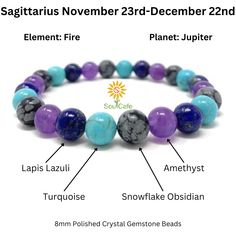 This beautiful Sagittarius birthstone crystal power bead bracelet makes a perfect gift. Made using the following quality 8mm gemstone beads - Lapis Lazuli, Amethyst, Turquoise, Snowflake Obsidian. The turquoise is genuine but has been enhanced to make it durable, this doesn't change its healing properties. Comes in a beautiful embossed gift box with a Soul Cafe gift tag. The tag contains key information about Sagittarius crystals and traits. Please note there can be small discrepancies with zodi Chakra Bracelet Diy, Sagittarius Crystals, Zodiac Birthstones, Sagittarius Birthstone, Best Healing Crystals, Hope Diamond, Power Bracelet, Stretchy Beaded Bracelet, Crystal Power