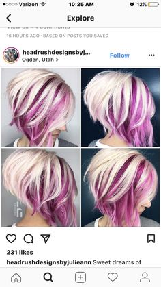 Short Hair Pink Highlights, Undercut Bob Haircut Short, Line Bob Haircut, Peekaboo Hair, Purple Highlights, Short Hair Color, Haircut And Color, Bob Haircut, Short Hair Styles Pixie