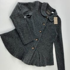 Nwt Anthropologie Guinevere Charcoal Grey Jacket, Very Sweet Peter Pan Collar, Peplum Waist, 100% Merino Wool, Bust Measures 34", Shoulders Across Back Are 14", Great For Fall With Jeans And Boots! Vintage Womens Outfits, Luxury Vintage Winter Pea Coat, Vintage Long Sleeve Wool Tweed Jacket, Vintage Gray Outerwear With Buttons, Green Suit Jacket, Vintage Gray Wool Outerwear, Peplum Coat, Vintage Wool Cape Outerwear, Boiled Wool Jacket