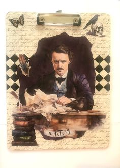 an altered photograph of a man sitting at a desk with books and papers in front of him