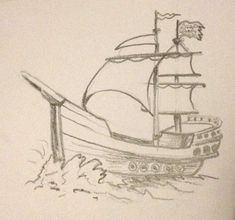 a drawing of a boat in the water with a flag on it's mast