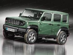 the green jeep is parked in front of a dark background with reflections on the floor