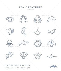 sea creatures line icons set - miscellaneous symbols / objects web elements on behance