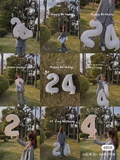 a collage of photos showing the number twenty four in front of two women and one man