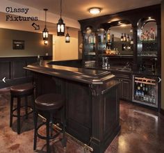 a home bar with stools next to it