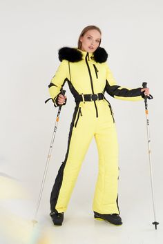 Bright ski suit for women is made of quality waterproof fabric and modern filler that does not cause allergies and is able to stay warm even at temperatures of -13oF (-20-25oC). The design and cut of the ski jumpsuit are thought out to the smallest detail. You will love the zippered pockets and the strap that fits well to the body for a feminine silhouette. You will also be delighted with the large fur hood. The fur and hood are removable. One-piece ski suits are a great choice for sports, but t Ski Suits For Women, Womens Ski, Sister Birthday Gift, Winter Activewear, Winter Outfits Warm, Clothing Haul