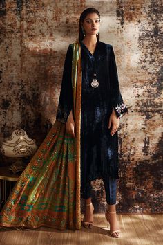 Aisha Imran. Lucia Velvet Salwar Kameez With Dupatta And Long Sleeves, Velvet Long Sleeve Salwar Kameez With Dupatta, Elegant Winter Sets With Dupatta, Elegant Velvet Salwar Kameez With Long Sleeves, Embroidered Cuffs, Velvet Shirt, Silk Shawl, Silk Pants, Blue Silk