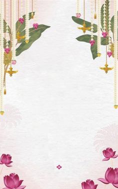 a pink background with flowers and beads hanging from it's sides in the center