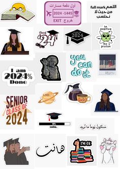 various stickers that include graduation caps, books, and other things to do with them