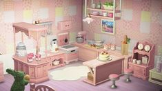 a doll house kitchen with pink furniture and accessories