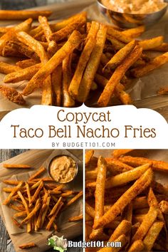 copycat taco bell nacho fries with dip in the middle and side dishes