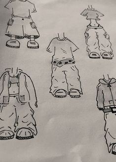 several drawings of children's clothing are shown in black and white