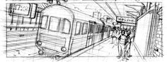 a drawing of a train at a station