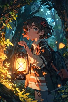 Anime Las Mariposas 🦋 art 🎨 Character Holding Lantern, Magic Forest Illustration, Fae Forest, Holding Lantern, Lantern Drawing, Vines And Flowers, Forest Drawing, Ancient Trees, Anime Places