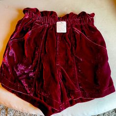 Nwt Size Small Free People High Waisted Velvet Shorts In Beautiful Wine Color Burgundy Bottoms With Pockets For Spring, Burgundy Shorts For Summer, Casual Burgundy Bottoms Short Length, Burgundy Casual Shorts, Casual Burgundy Short Bottoms, Burgundy Short Bottoms For Summer, Casual Burgundy Short Length Bottoms, Red High-waisted Shorts With Elastic Waistband, Burgundy Summer Shorts