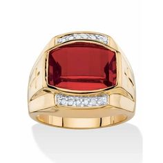 PalmBeach Jewelry exclusive. This timeless classic for him features a large cushion-cut created red ruby or blue sapphire with diamond accents flanking either side. It's the ring that will set him apart. Richly plated in 18k yellow gold, it sports 7.61 carats T.W. with 1/10 carat T.W. in white diamond sparkle. 58811RNG Size: 16.  Gender: male.  Age Group: adult. Armadura Ninja, Red Garnet Ring, Ruby Rings, Jewelry Men, Men Diamond Ring, Cross Ring, Gold Plated Rings, Red Ruby, Men's Ring