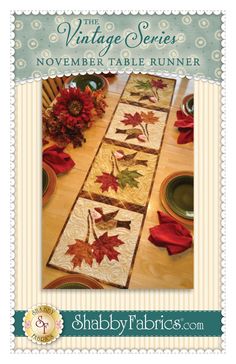 the vintage series table runner is shown with autumn leaves on it and red ribbon around the edge