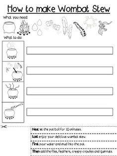 the worksheet for how to make wormbat stew with pictures and words on it