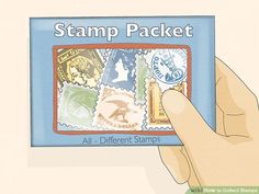 someone holding up a stamp packet with stamps on it