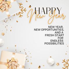 new year's greeting card with gifts and snowflakes on white background that says happy new year