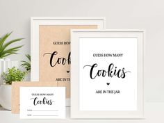 three framed posters with the words cookies in black and white on them, next to a potted plant