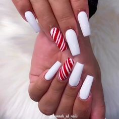 White Candy Cane Nails, Feature Nail, Winter Nail Art Designs, Xmas Nail Designs, Candy Cane Nails, Red Christmas Nails, Red Acrylic Nails, Winter Nails Acrylic, Christmas Nails Easy