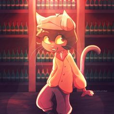 a cat in a suit and hat standing next to a shelf full of wine bottles