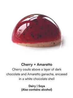 cherry and amarettoa chocolate covered in white chocolate, with the caption cherry + amarettoo