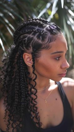 Add fun to your look with these playful black cornrows and curls. Perfect for a youthful style. Save this pin for fun cornrow and curl ideas! #CornrowsWithCurls #FunStyle #YouthfulLook Braid Hairstyles For Black Women Updo, Side Braid Hairstyles For Black Women, Curly Cornrows Braids, Four Cornrow Braids, Cornrolls Hairstyles Braids, Cornrolls Hairstyles Braids For Women, Black Cornrow Hairstyles, Two Cornrows, Pretty Braids