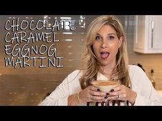 a woman holding a bowl of food in front of her face with the words chocolate caramel eggnog martini