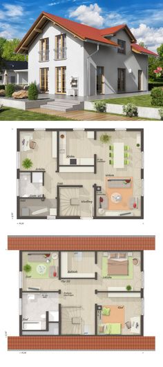 two story house plan with three floors and an open floor plan for the first level