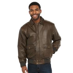 Instant upgrade. Enhance your cold-weather look with the sophisticated style of this men's leather jacket from _. In brown. Size: XXL. Gender: male. Age Group: adult. Pattern: Solid. Masculine Brown Leather Jacket For Winter, Masculine Winter Leather Jacket With Pockets, Rugged Leather Jacket For Winter, Leather Biker Jacket For Cold Weather, Masculine Winter Leather Jacket, Classic Leather Jacket With Pockets For Cold Weather, Rugged Leather Jacket For Fall, Rugged Leather Jacket For Fall And Cold Weather, Vintage Leather Jacket For Cold Weather