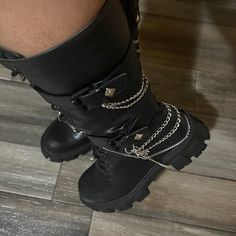 These faux leather black boots are a size 37. They have been customized with chains and spider charms on each boot. Never worn other than for modeling. One of a kind. Black Boots With Chains, Boots With Chains, Chain Boots, Leather Black Boots, Boot Chains, Gothic Boots, Wedge Sneakers, Black Chain, Black Leather Boots