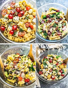 four pictures showing different types of pasta salad