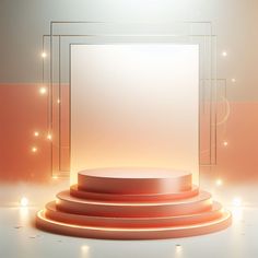 an empty podium with lights around it on a white floor in front of a pink wall