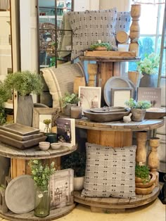 Store display spool display home decor retail shop online Vintage Modern Farmhouse, Antique Store Displays, Boutique Store Displays, Creative Booths, Garden Center Displays, Vintage Booth Display, Antique Booth Displays