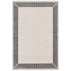 an area rug with black and white stripes on the border, in front of a white background