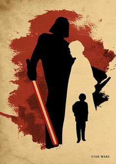 a star wars movie poster with the silhouette of darth vader and child standing next to him