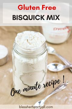 gluten free bisquick mix in a mason jar with spoons on the side