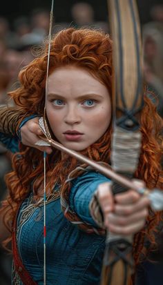 a woman with red hair holding a bow and arrow