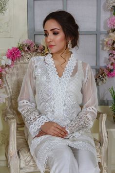 Lily White | Pakistani Designer Outfit | Sarosh Salman Dress Design Pakistani, Silk Thread Embroidery, Pakistani Women Dresses, Lace Dress Design, Luxury Pret, Designer Outfit, Pakistani Fashion Party Wear, Beautiful Pakistani Dresses, Pure Chiffon