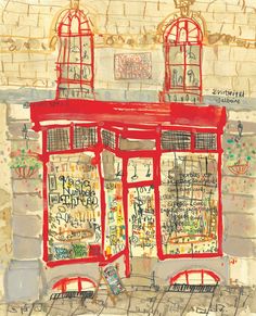 a drawing of a red store front with lots of writing on the window sill