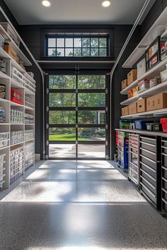 the inside of a large storage room with lots of shelves