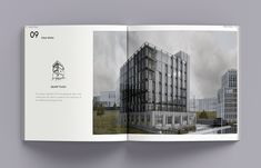 an open book showing the inside pages of a building with glass and steel on it