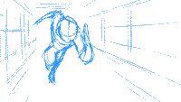 a blue line drawing of a person walking through a tunnel