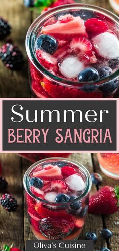 two jars filled with berries and ice on top of a wooden table next to strawberries