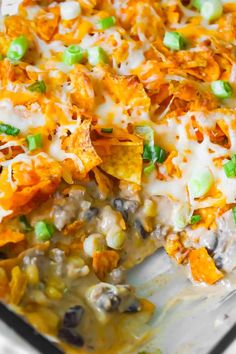 a casserole dish with tortilla chips and cheese